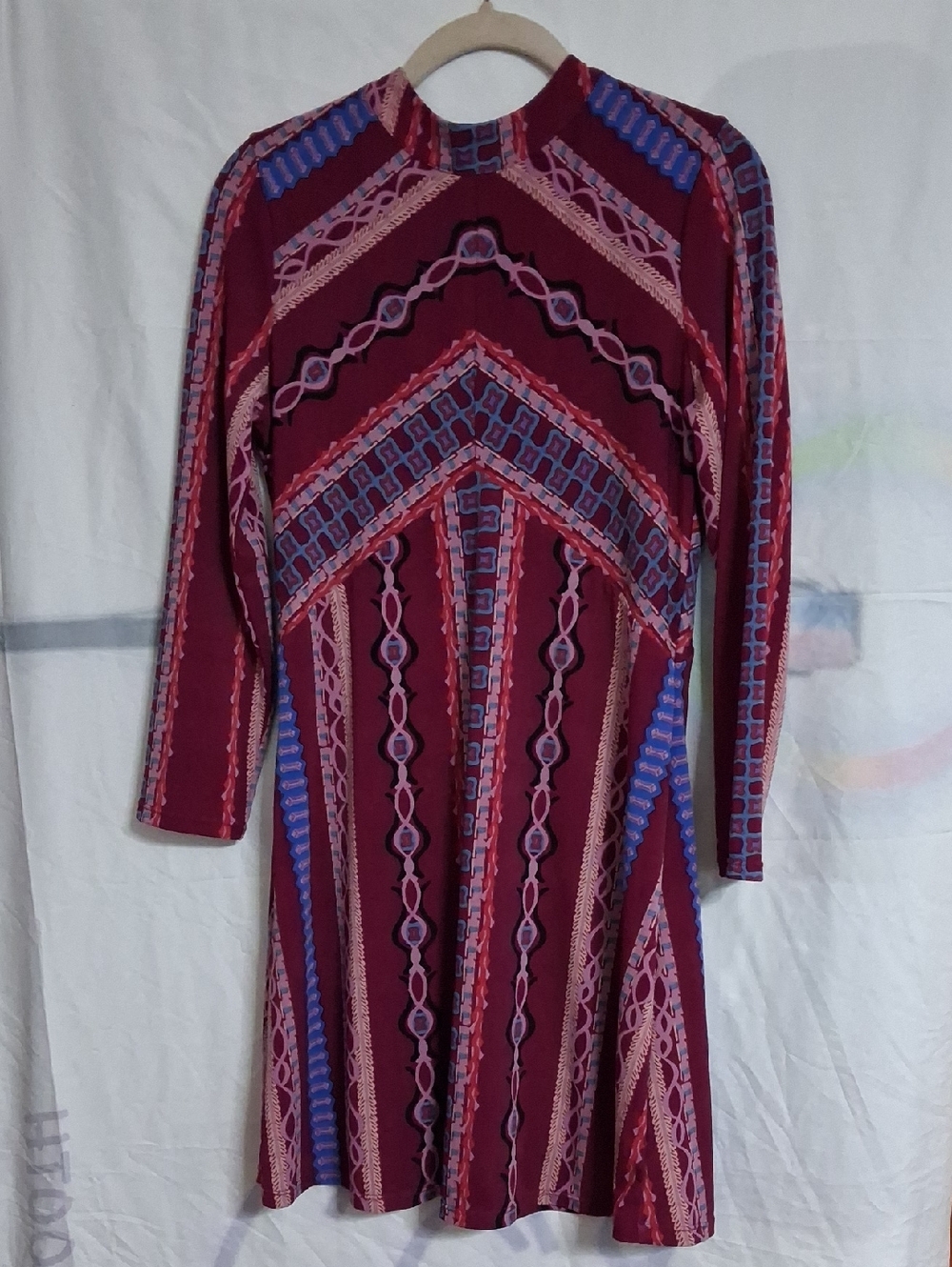 Free People Burgundy Patterned Long-Sleeve Midi Dress with Pink and Blue Accents